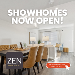 Photo of the ZEN Mahogany showhome with dark brown table, tan coloured chairs and white couch in the background