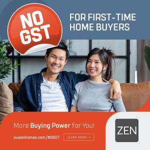 Young couple sitting on a couch with a NO GST graphic on the left side of the photo