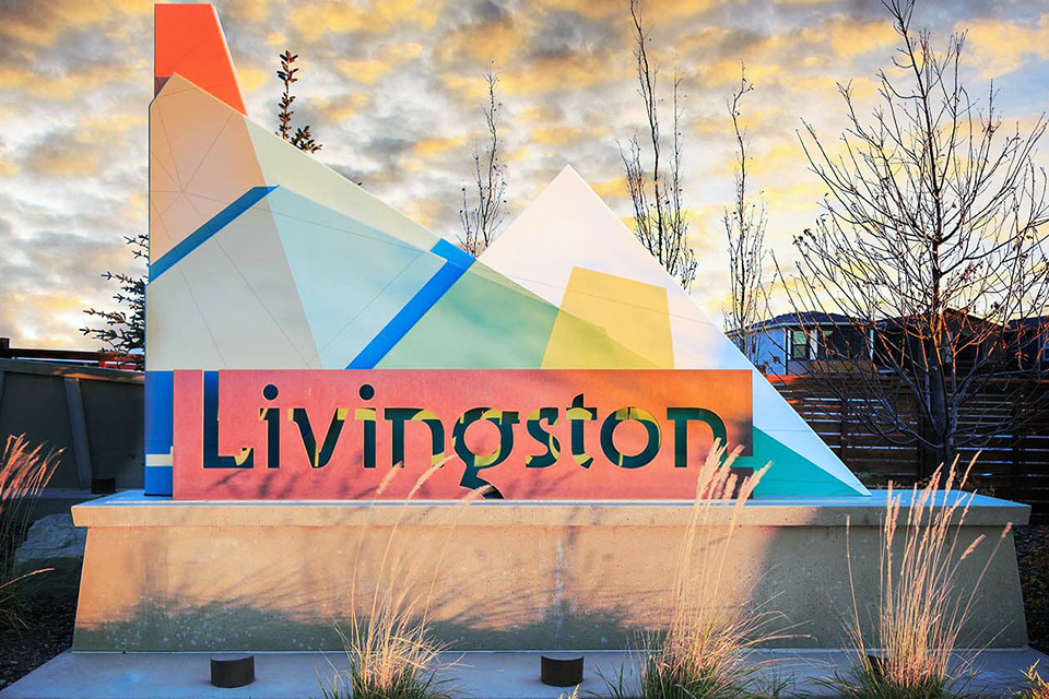 Colourful Livingston entry sign in North Calgary