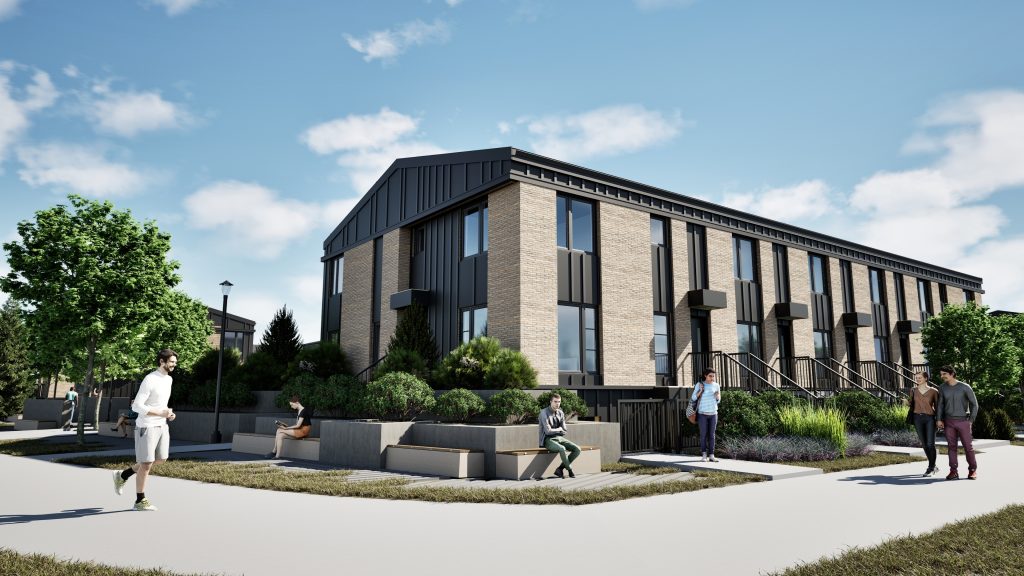 Rendering of ZEN Belmont Net Zero townhomes in Calgary, featuring modern brick and black metal exteriors, large windows, and landscaped green spaces with pathways and seating.