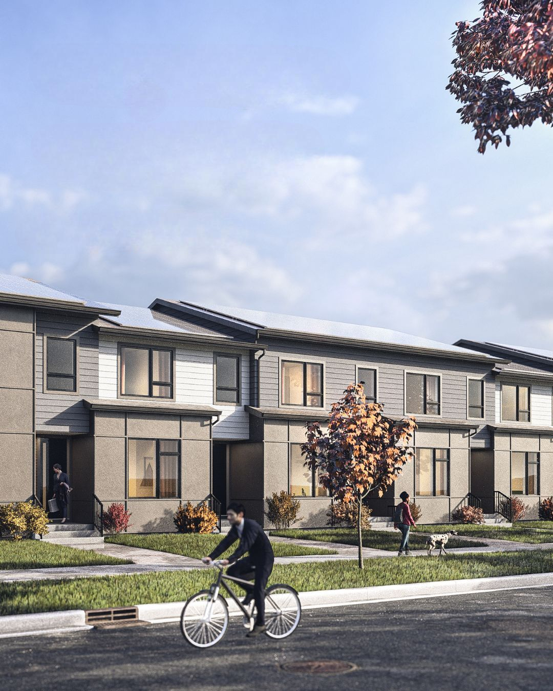 Avalon ZEN townhomes in Calgary with solar panels, landscaped front yards, and residents enjoying a low-maintenance community lifestyle